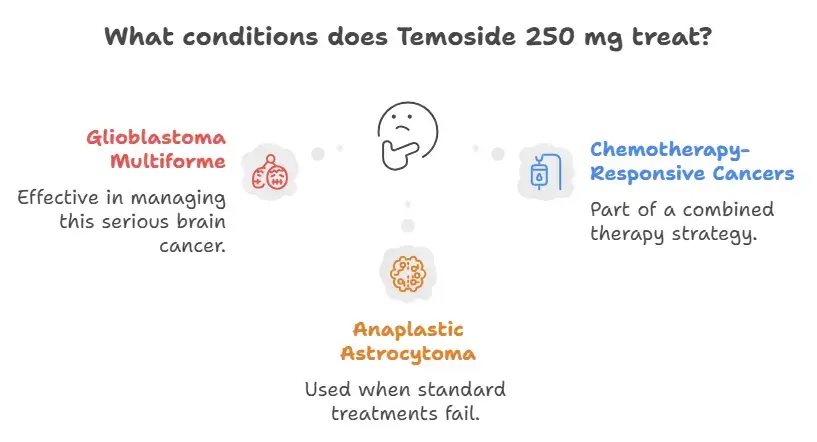 What conditions does Temoside 250 mg treat?